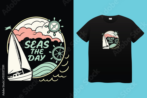 Nautical sailing club t-shirt vector print. Vessel stockless anchor with rope in shackle ring illustration and typography. Sailing club member, sailor or seafarer clothing print design mockup 