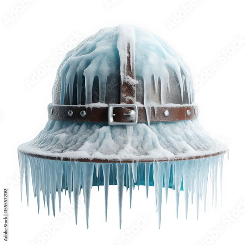 Frozen pith helmet with icicles, vintage explorer headwear covered in ice and snow on transparent background