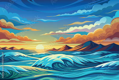 Beautiful ocean waves and vibrant sunset colors on a serene horizon