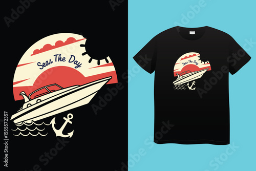 Nautical sailing club t-shirt vector print. Vessel stockless anchor with rope in shackle ring illustration and typography. Sailing club member, sailor or seafarer clothing print design mockup 