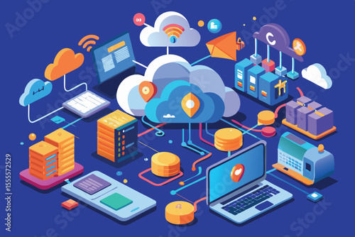 Digital networking and cloud computing illustration showcasing data management and connectivity tools