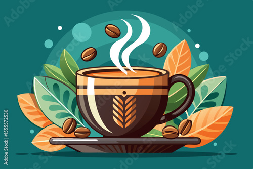 Coffee cup with steam, coffee beans, and colorful leaves on a tray creating a cozy atmosphere in a cafe setting