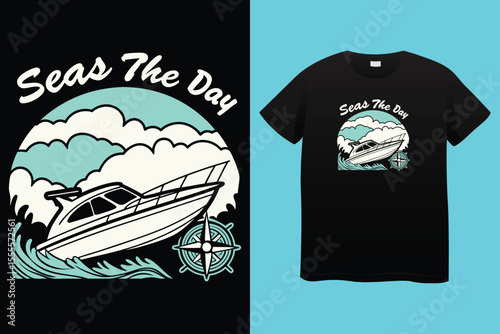 Nautical sailing club t-shirt vector print. Vessel stockless anchor with rope in shackle ring illustration and typography. Sailing club member, sailor or seafarer clothing print design mockup 