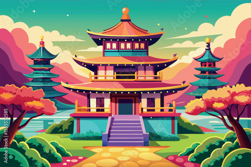 Traditional Asian pagoda surrounded by colorful trees and mountains during sunset