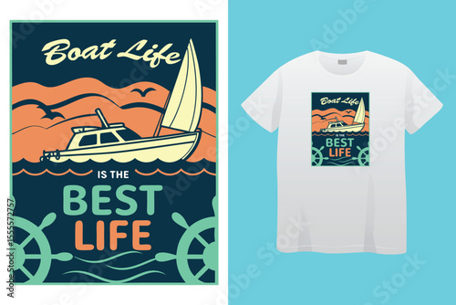 Nautical sailing club t-shirt vector print. Vessel stockless anchor with rope in shackle ring illustration and typography. Sailing club member, sailor or seafarer clothing print design mockup 