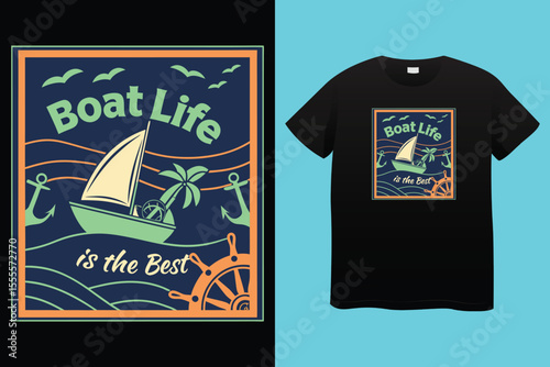 Nautical sailing club t-shirt vector print. Vessel stockless anchor with rope in shackle ring illustration and typography. Sailing club member, sailor or seafarer clothing print design mockup 