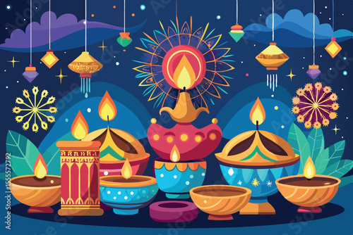 Colorful clay lamps decorated for a festive celebration illuminated against a night backdrop with decorative elements