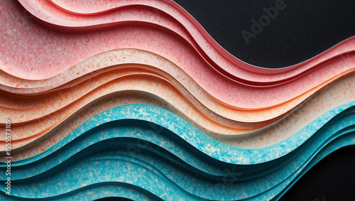 Abstract wavy layers of textured pink orange and blue paper against black background
