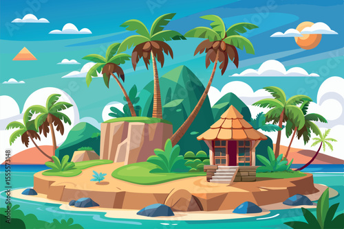 Sunny tropical island with palms, a small hut, and serene waters in a lively landscape during daylight