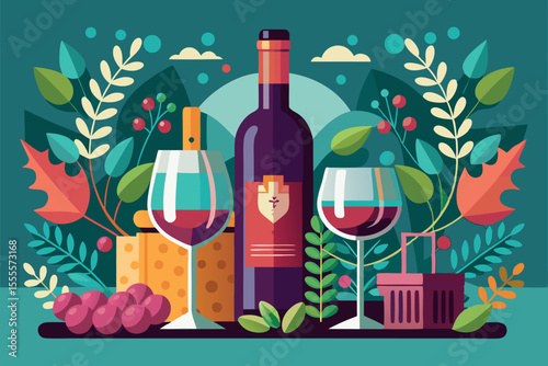 Wine bottle and glasses alongside cheese and grapes in a colorful setting with foliage and a serene backdrop