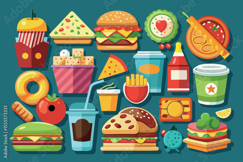 Colorful illustration of various fast food items and snacks arranged creatively on a vibrant background
