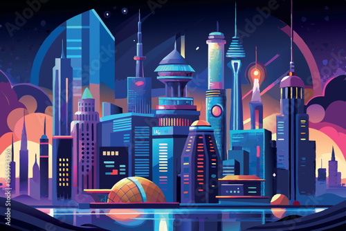 Colorful futuristic city skyline at night with bright lights and unique architectural designs