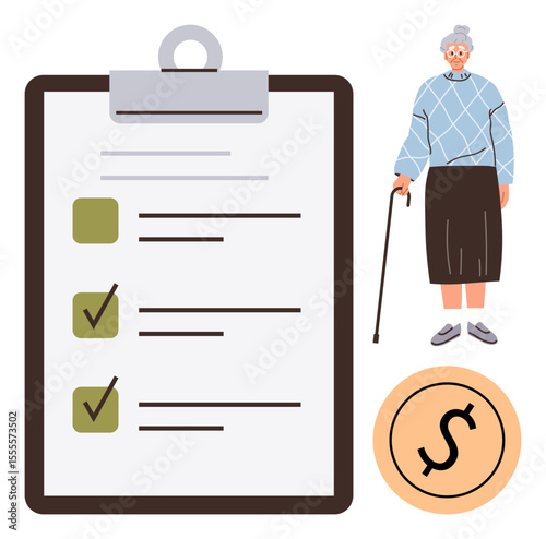 Large clipboard with marked checklist, elderly woman holding cane, and dollar sign coin. Ideal for retirement, financial management, healthcare, insurance, budgeting aging elder care. A simple flat