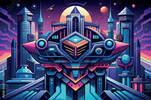 Futuristic cityscape with vibrant colors and imaginative architecture in a sci-fi style, showcasing advanced technology