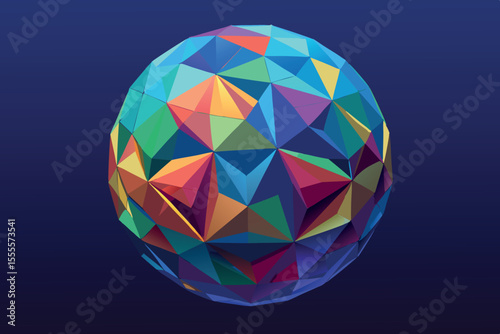 Colorful geometric sphere with vibrant facets creates a striking visual display in 3D