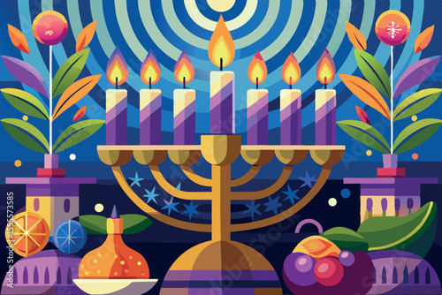 Colorful menorah with burning candles and festive decorations during Hanukkah celebration at night