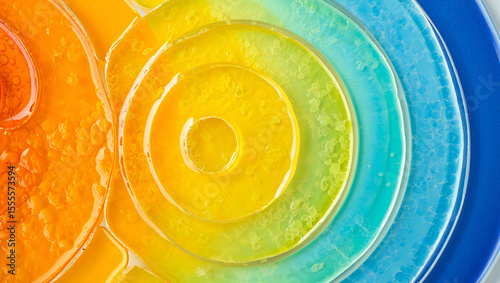 Vibrant abstract concentric circles with a gradient of orange yellow green and blue hues
