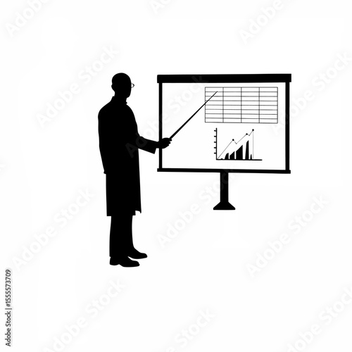 Silhouette of a scientist presenting data on global warming on white background