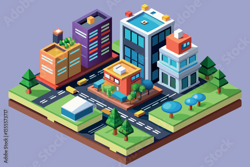Colorful urban landscape with modern buildings, roads, and green spaces in a simplified architectural style