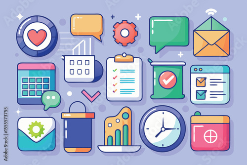 Colorful digital icons representing various business and communication activities, capturing modern technology and productivity themes