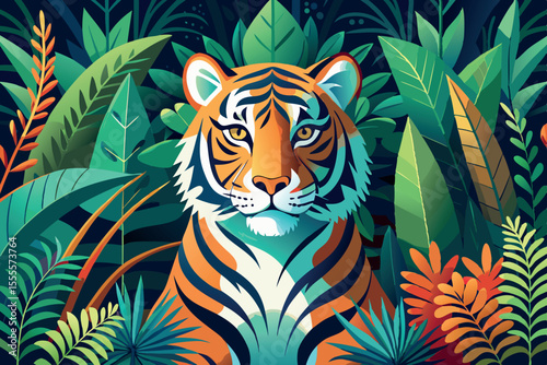 Tiger rests in lush green foliage during a vibrant jungle day surrounded by colorful plants and leaves
