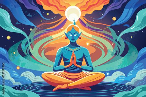 Meditating figure surrounded by vibrant colors and cosmic elements in a serene setting