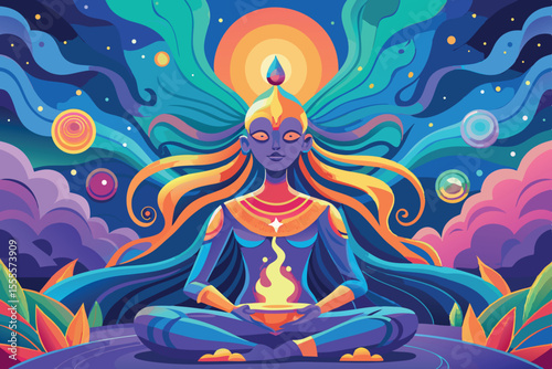 Meditative figure surrounded by cosmic elements in a vibrant, colorful design at dawn
