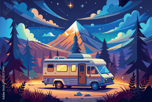 Colorful RV camping in a starry night near a majestic mountain range surrounded by forested scenery
