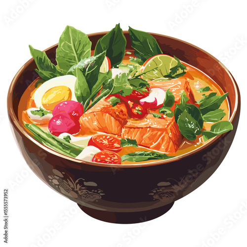 Sinigang with Salmon and Vegetables in Broth Bowl