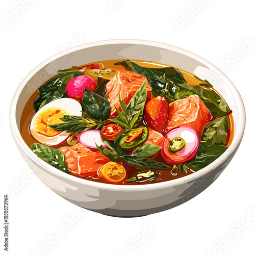 Sinigang with Salmon and Vegetables in Broth Bowl