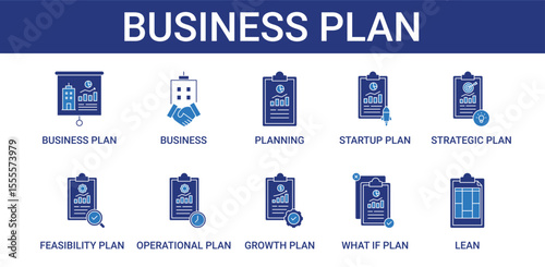 Business Plan icon pack with startup, strategic, operational and growth icon