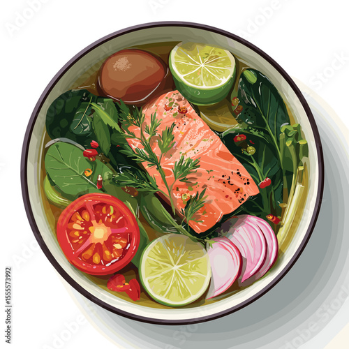 Sinigang with Salmon and Vegetables in Broth Bowl