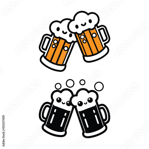 Two sets of cartoon beer mugs toasting, one in orange and white, and the other in black and white.