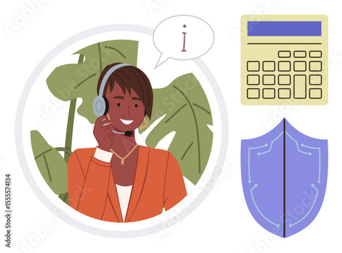 Smiling support agent wearing a headset assisting clients. Nearby are a calculator and shield symbolizing financial management and protection. Ideal for customer support, business, communication