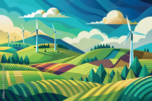 Wind turbines harnessing green energy in a vibrant countryside landscape during a clear day