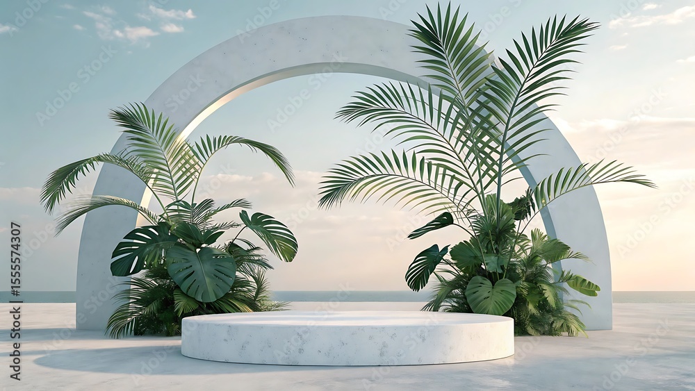 Fototapeta premium Minimalist Tropical Beach Scene 3D Render of Abstract Arch and Palm Plants