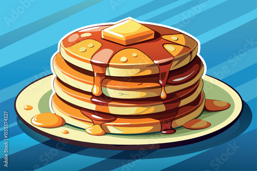 Brightly colored stack of delicious pancakes with syrup and butter on a plate
