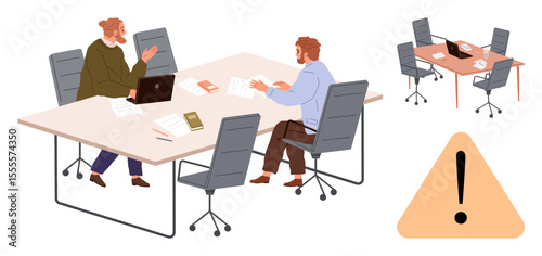 Two colleagues at a desk discussing work documents and laptops. Warning triangle emphasizes challenges, workplace conflict, problem-solving, project planning, communication, collaboration, simple