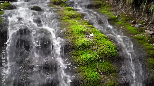 Moss-covered rocks with water cascading over them
