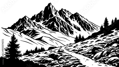 Mountain silhouettes overlook. Vector rocky hills terrain vector, mountains silhouette set isolated on white background for landscape design