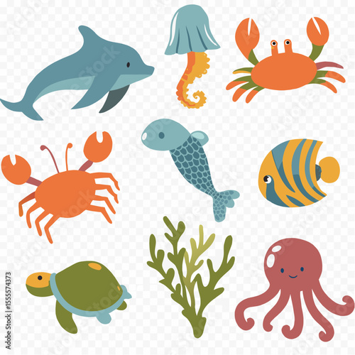 Cartoon sea animals set with fish octopus crab dolphin and other underwater creatures