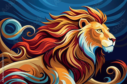 Majestic lion with flowing mane in vibrant colors, set against a deep blue background during an artistic representation