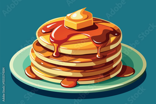 Delicious stack of pancakes topped with butter and syrup served on a plate