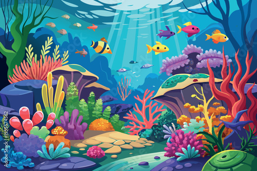 Vibrant underwater paradise with colorful fish and coral reefs in a serene ocean setting
