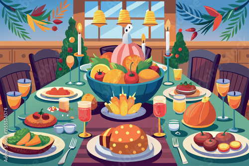 Festive dinner celebration with an array of dishes and decorations at a cozy setting during the holiday season