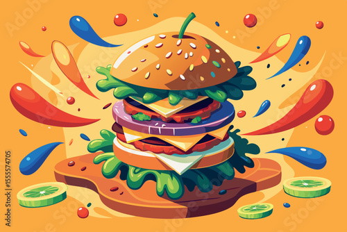 Colorful burger illustration with layers of fresh ingredients and vibrant toppings against a bright background