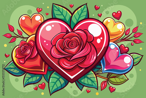 Colorful hearts and roses design showcases love and affection in a whimsical arrangement