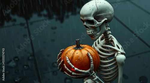 Wallpaper Mural A skeleton holds a pumpkin in the rain both are damp and reflective Torontodigital.ca