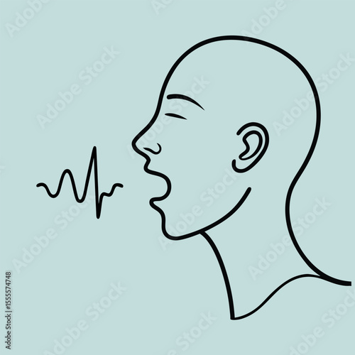 Speaking Silhouette Communicates With Soundwaves Black Line Drawing On Pale Blue Background Conceptual Illustration Minimalist Artistic