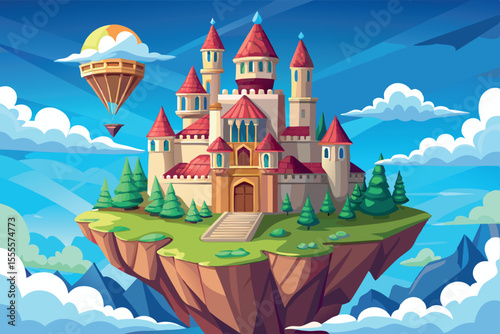 Fantasy castle on floating island with colorful hot air balloon in bright blue sky